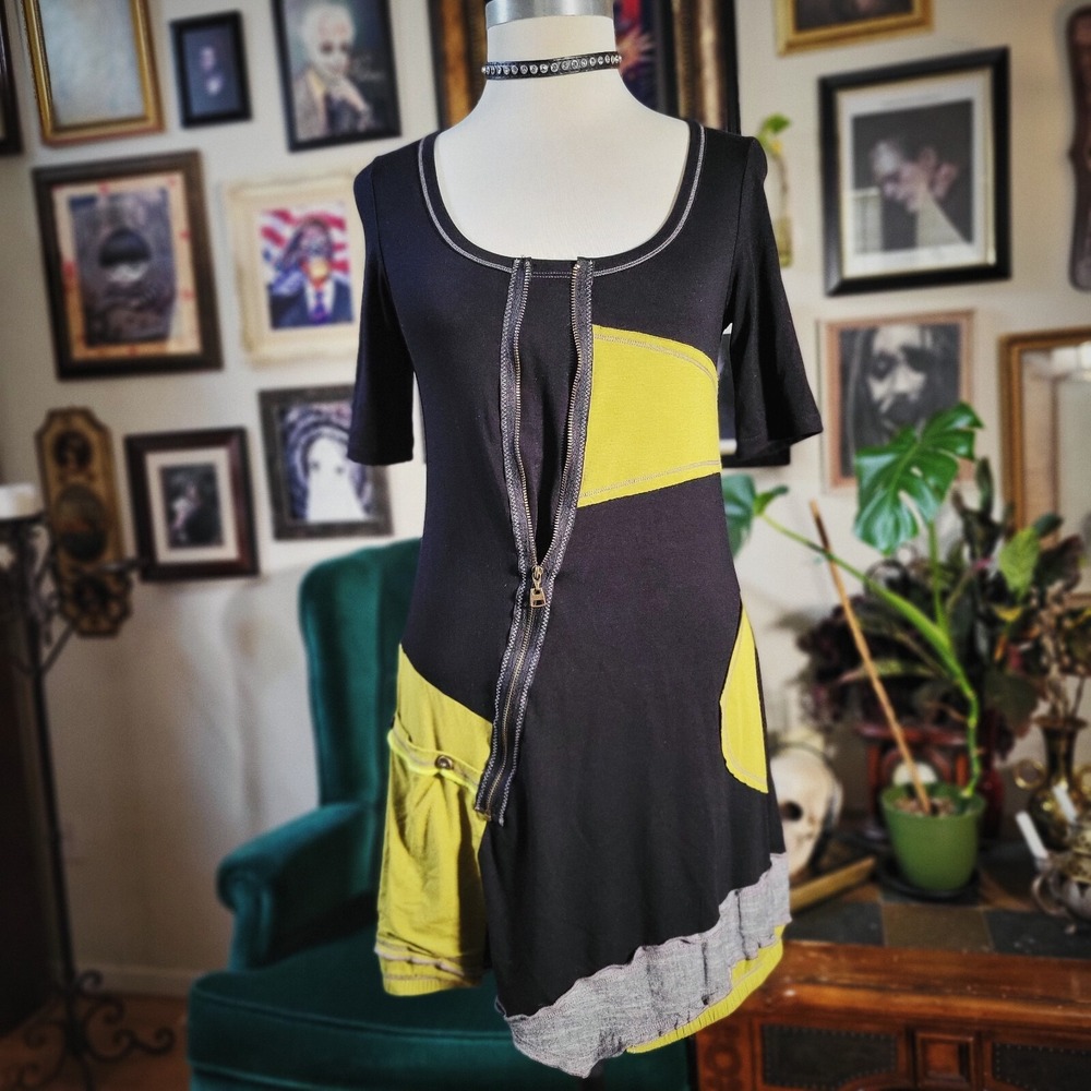 VIER USA Patchwork Dress Black Mustard Midi Vintage Y2K Asymmetrical Sally